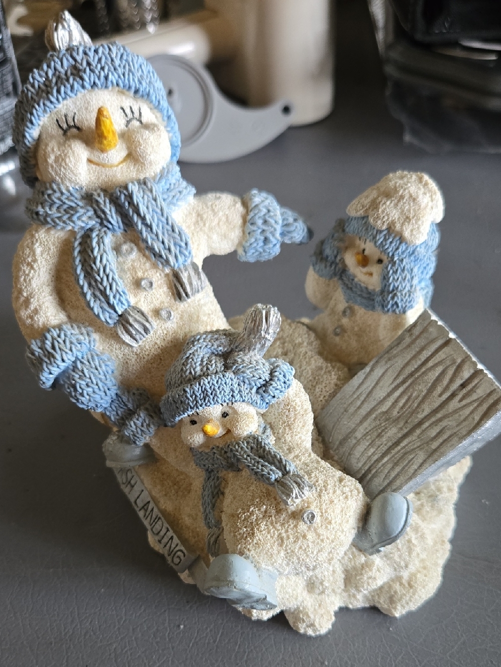 Snowman Family Figurine Holiday Decor in Light Blue and Cream - Unbranded